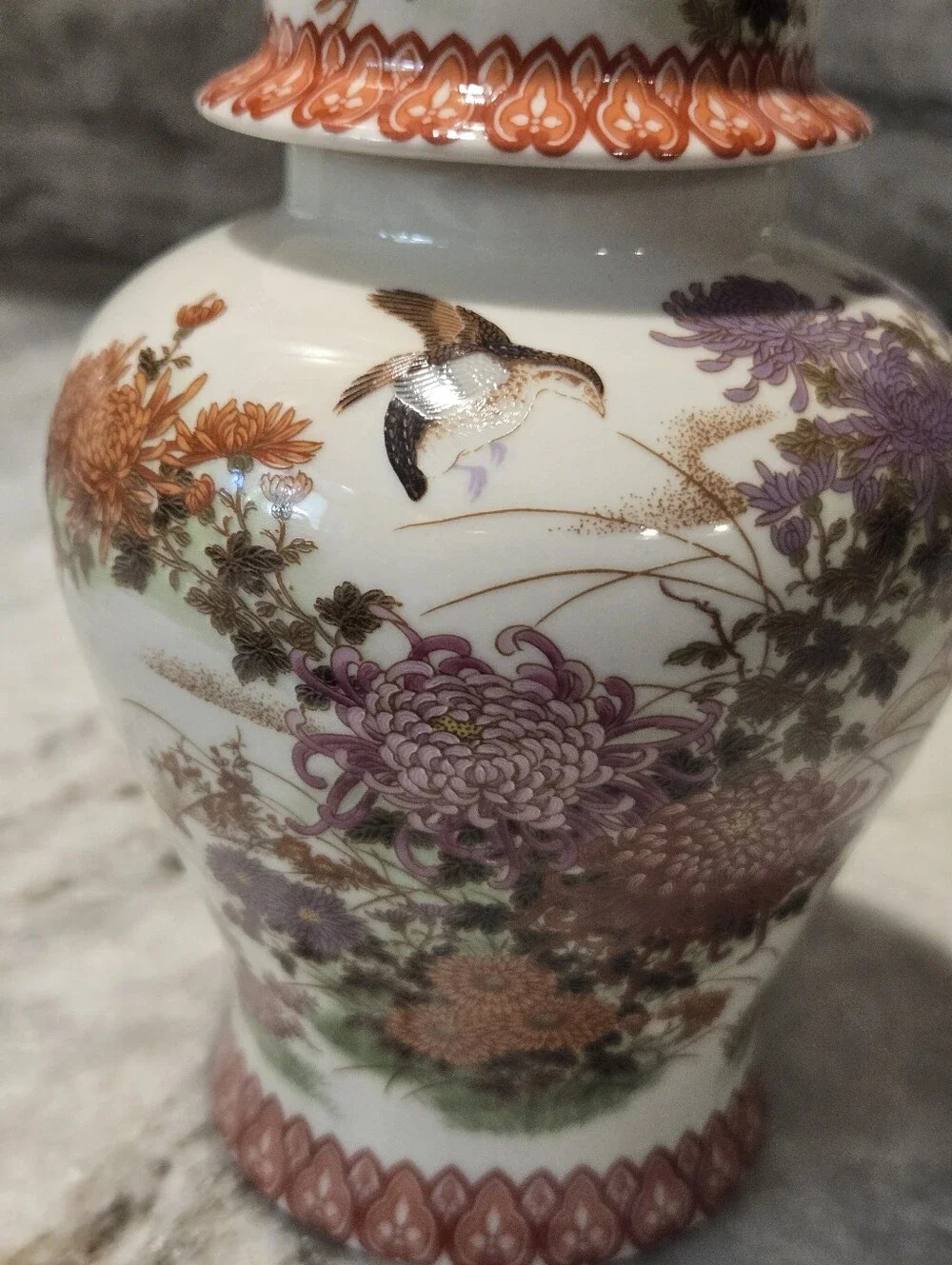 Hand-Painted Orange & Lavender Floral Ginger Jar with Gold-Tipped Lid